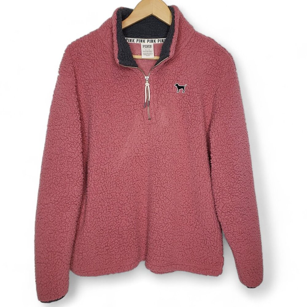 Pink by Victoria's Secret Women’s Quarter Zip Pullover Teddy Bear Fleece Sweater